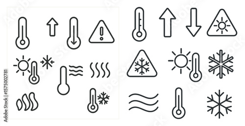 Set of icons for different temperatures, including hot, cold, and warm. The icons are all in black and white, and they are arranged in a grid-like pattern. Scene is somewhat serious and informative