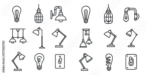 Set of light fixtures are shown in a grid. The light fixtures include a variety of styles, such as lamps, bulbs, and switches. Scene is one of organization and order