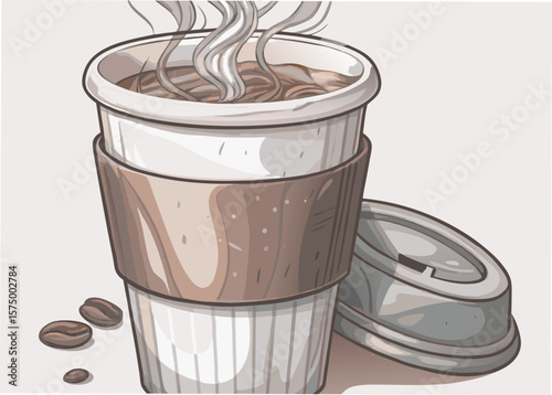 Steaming hot cup of coffee to go with brown paper sleeve and two coffee beans. Enjoy a hot cup of coffee that offers comfort on cold days. Cup of coffee to go for coffee shop ads, banners,