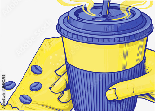 Cartoon depiction of paper coffee cup with a drink in hand. Cartoon rendering of a paper coffee cup and coffee beans on packaging in hand, steam rising. Freshly brewed cup,