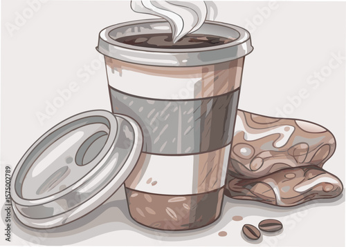 Coffee illustration displays disposable cup with steam, lid, ginger cookies and coffee beans scattered around. Coffee illustration showcases its appealing aesthetic for product mockups,