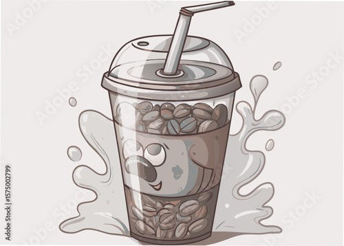 Depicting coffee beans in cup, coffee beans filling clear plastic cup with lid and straw, complemented by playful cartoon face.