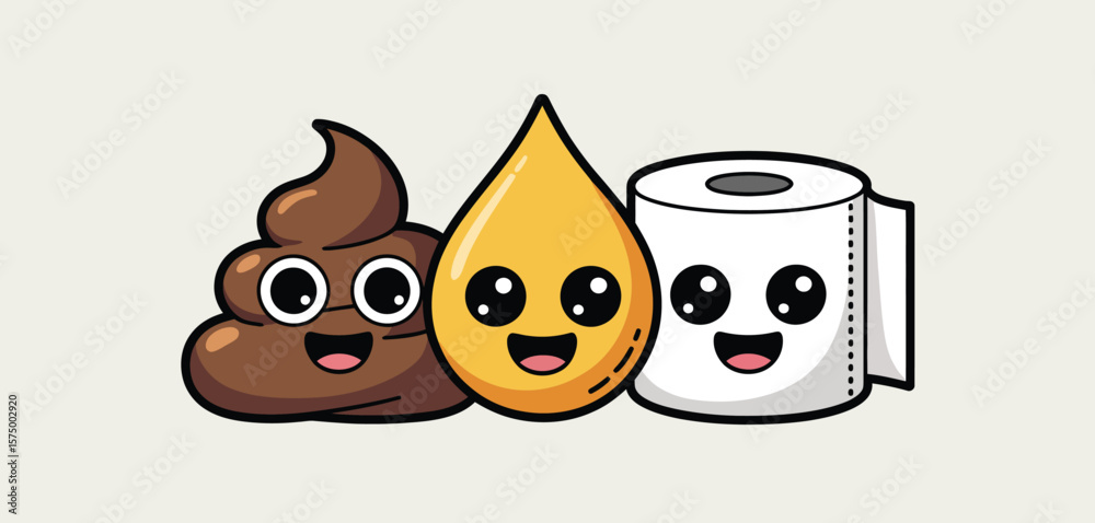 Fototapeta premium Cute kawaii poop pee drop and toilet paper characters with happy faces