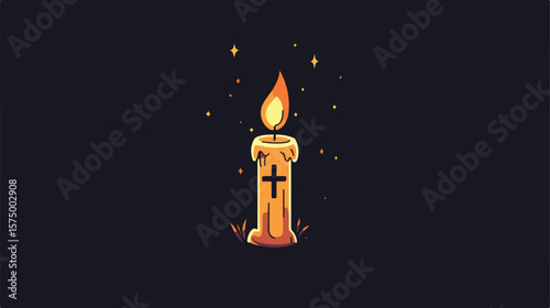 Burning Candle with Catholic Cross Flat Vector Illustration