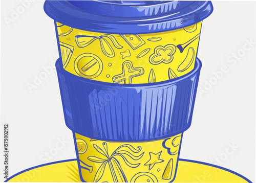 Cartoon paper cup illustration with doodles in blue and yellow, creating vibrant artwork. This unique cartoon paper cup features dynamic doodles, offering whimsy and originality,