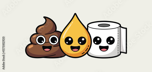 Cute kawaii poop pee drop and toilet paper characters with happy faces