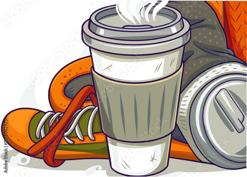 Coffee break on the go, depicting a coffee break next to sneakers and a water bottle for a quick outdoor rest. Coffee break to enjoy life with some refreshments and sports accessories.