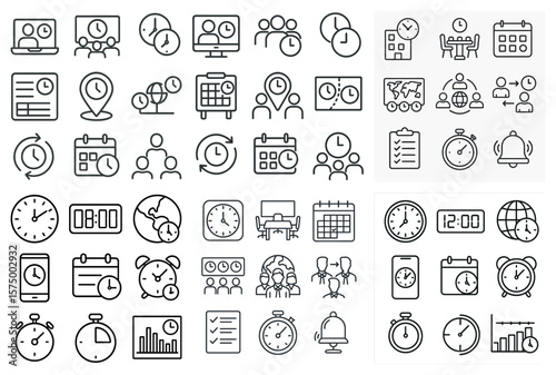 Collection of various time-related icons, including clocks, calendars, and a bell. The icons are arranged in a grid, with some overlapping each other. Scene is busy and hectic