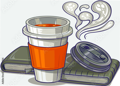 Coffee break at workplace with steaming coffee, book, and container. Morning coffee complements reading book, enhancing learning and creativity.