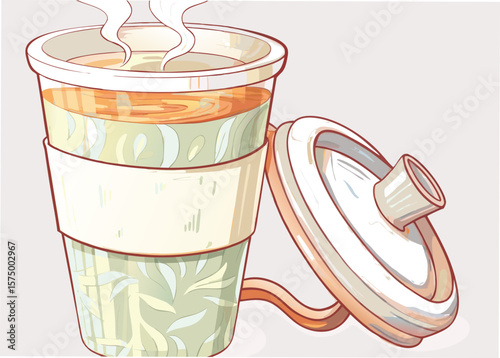 Steaming hot beverage in reusable cup with lid depicts sustainable lifestyle. Hot beverage presented as responsible choice, showcasing eco friendly container.