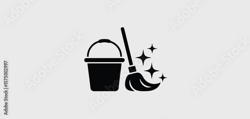 Black silhouette of a cleaning bucket with a mop and sparkling stars