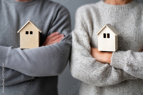 Man and woman in neutral sweaters holding separate small wooden houses across their chests symbolizing real estate division or property decision