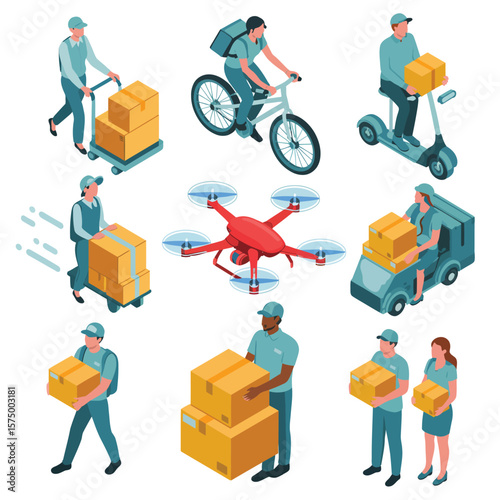 Delivery service workers using various transport methods and a drone with packages