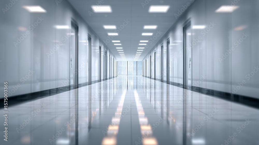 Fototapeta premium Gleaming perspective of a pristine hospital corridor with light reflections and architectural elegance, clean, and bright.
