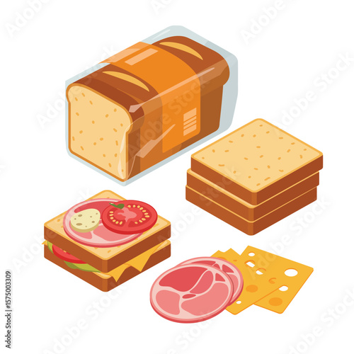Delicious sandwich ingredients including bread cheese and ham with tomato slices