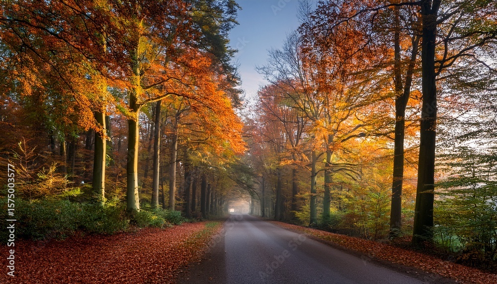 Fototapeta premium road in autumn coloured forest otterlo netherlands