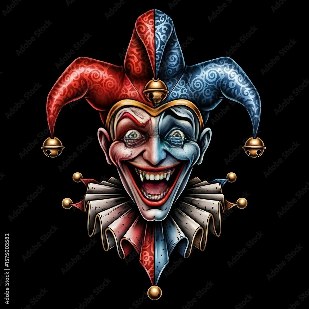 Naklejka premium Weeping Jester Face With Jester Hat - Tattoo Design