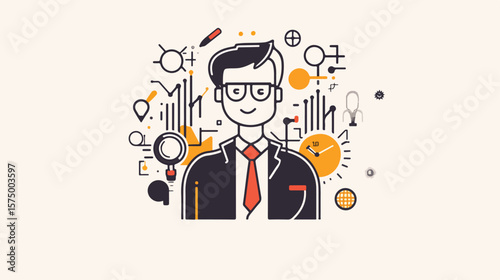 Businessman Figure with Magnifying Glass Line Search Concept