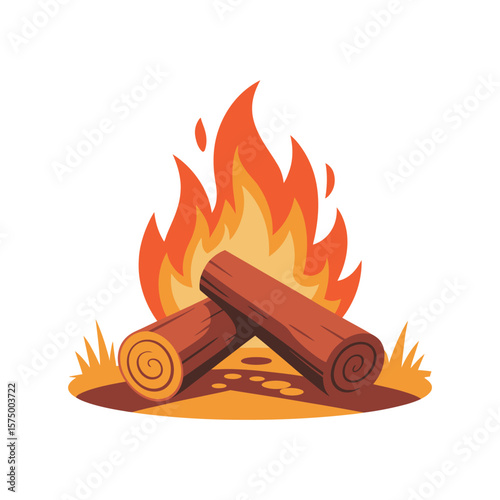 Cartoon campfire with logs burning brightly in the wilderness on a white background