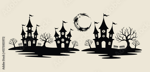 Two spooky haunted castles silhouetted against a crescent moon and pale background