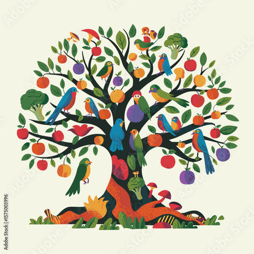 Whimsical tree of life with colorful birds fruits and vegetables