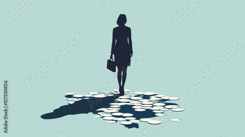 Successful Businesswoman Standing on Coins with Briefcase