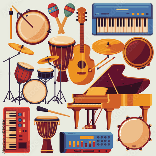 Collection of various musical instruments arranged in a flat design style