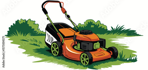 Orange and green lawn mower parked on grass with bushes in the background