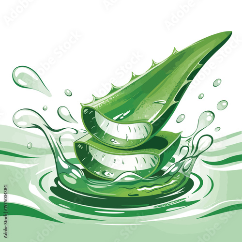 Refreshing aloe vera slices splashing into green liquid with water droplets