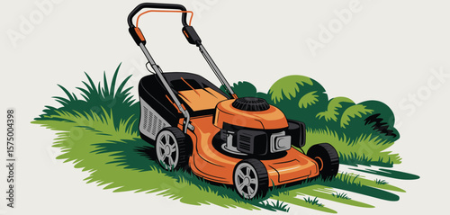 Orange lawn mower cutting green grass with bushes in the background