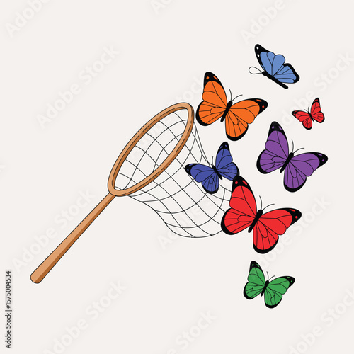 Colorful butterflies flying away from a wooden butterfly net