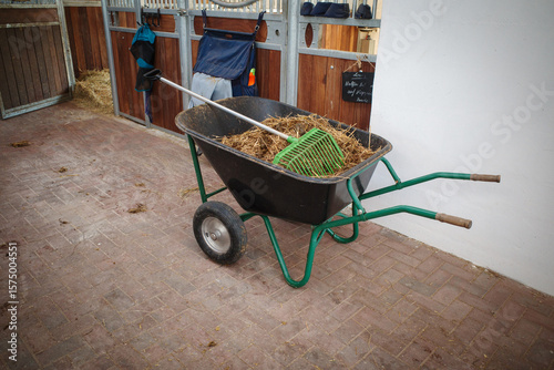 Horse manure is disposed of with a wheelbarrow