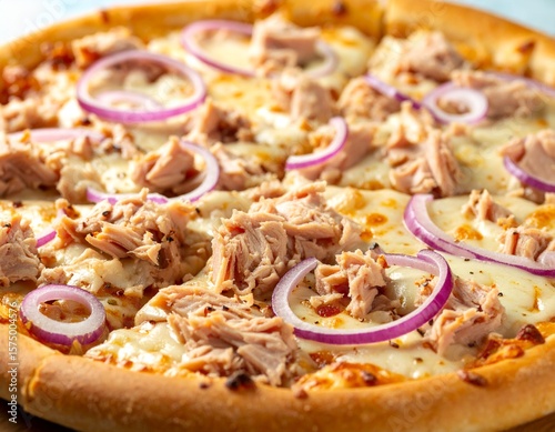 Pizza Delight: A close-up shot of a freshly baked pizza, featuring a harmonious blend of toppings. The pizza is topped with savory tuna, flavorful red onions, and a rich layer of melted cheese.