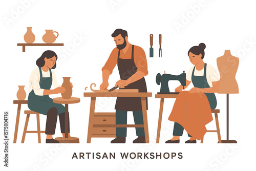 Craftspeople at work in artisan workshops: pottery, woodworking, sewing