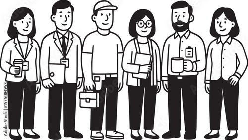 Monochrome vector pack of office and casual workers standing in a row with badges, laptops, tool belts, and mugs in a clean, minimal style for corporate materials.