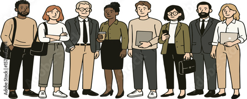 Vector illustration of a diverse office team standing in a row, with muted colours, casual and professional outfits, and simple line art for corporate and creative projects.