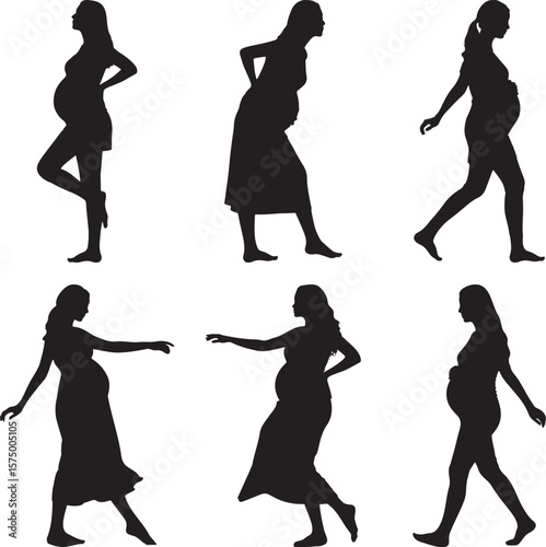 Silhouetted pregnant woman poses, showcasing maternity and anticipation of motherhood in a vector illustration.