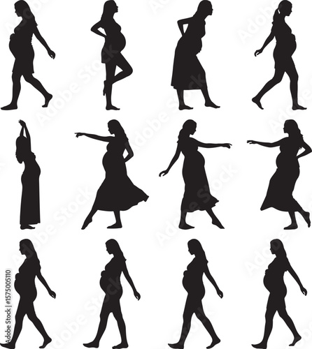 Silhouette Collection of Pregnant Women in Various Poses, Maternity and Expectation Concept, on White Background