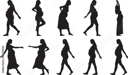 Silhouettes of Pregnant Women in Various Poses, Representing Motherhood and Expectation, on White