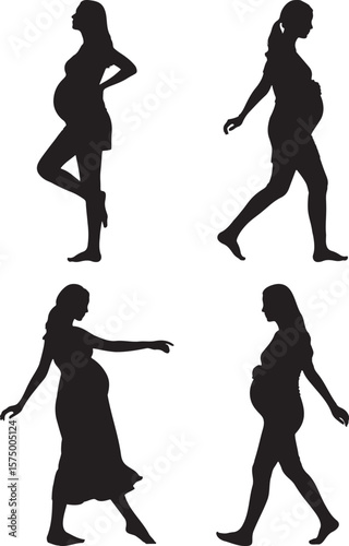 Four silhouette poses of a pregnant woman, showcasing maternity and anticipation of motherhood in a minimalist style.