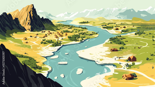 Scenic Camp and River Landscape Vector Illustration