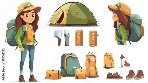 Adventurous Camping Girl Cartoon Character Vector Illustration