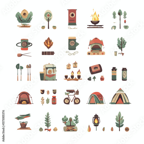 Camping Objects Icons Set Cartoon Vector and Illustration