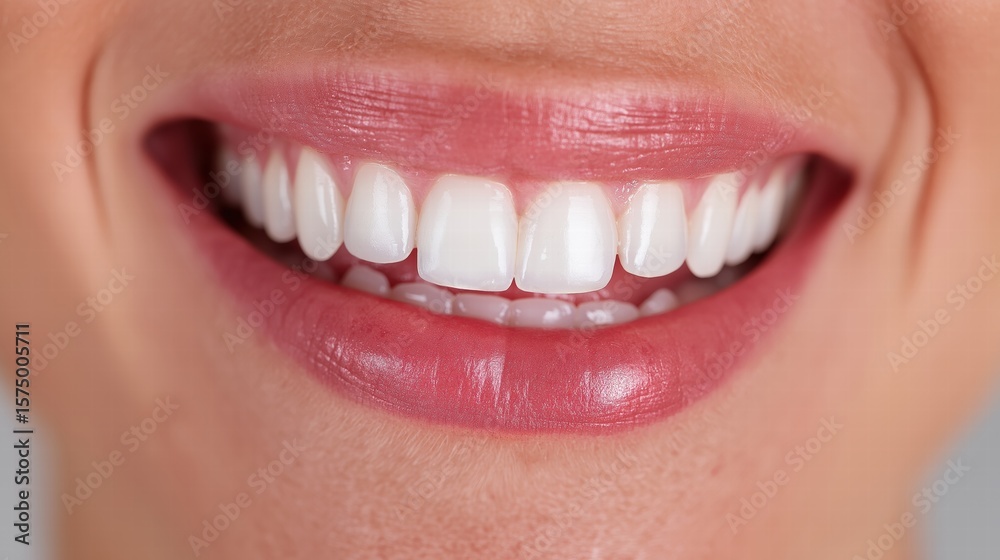 Obraz premium A Bright, Healthy Smile Showcasing Perfectly Aligned White Teeth and Clean Gums, Emphasizing Oral Hygiene and Dental Care in a Close-Up Smile Portrait