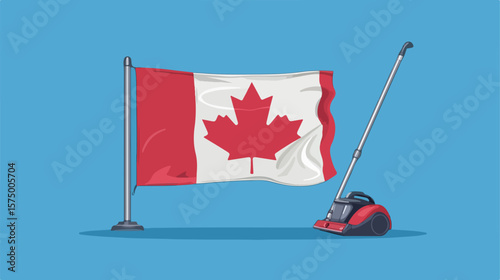 Canadian flag being cleaned with a vacuum by character vector illustration