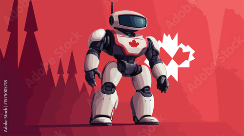Futuristic Robot Character with Canadian Flag Vector Illustration