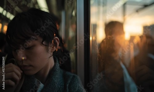 Young Asian woman leaning her forehead on the window of a train, blurring cityscape at sunset.