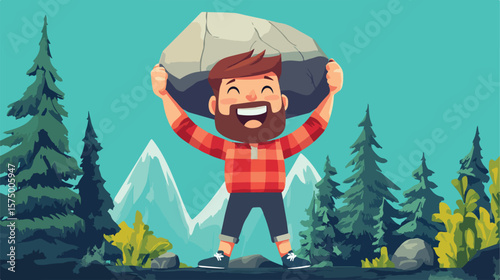 Strong Canada Cartoon Character Lifting Rock - Vector Illustration