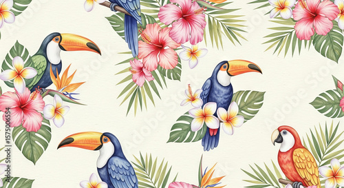 Watercolor seamless pattern featuring tropical toucans, parrots, hibiscus, and plumeria flowers on an exotic jungle leaf background.
