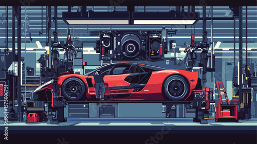 Modern Car Production Assembly Line Flat Vector Illustration